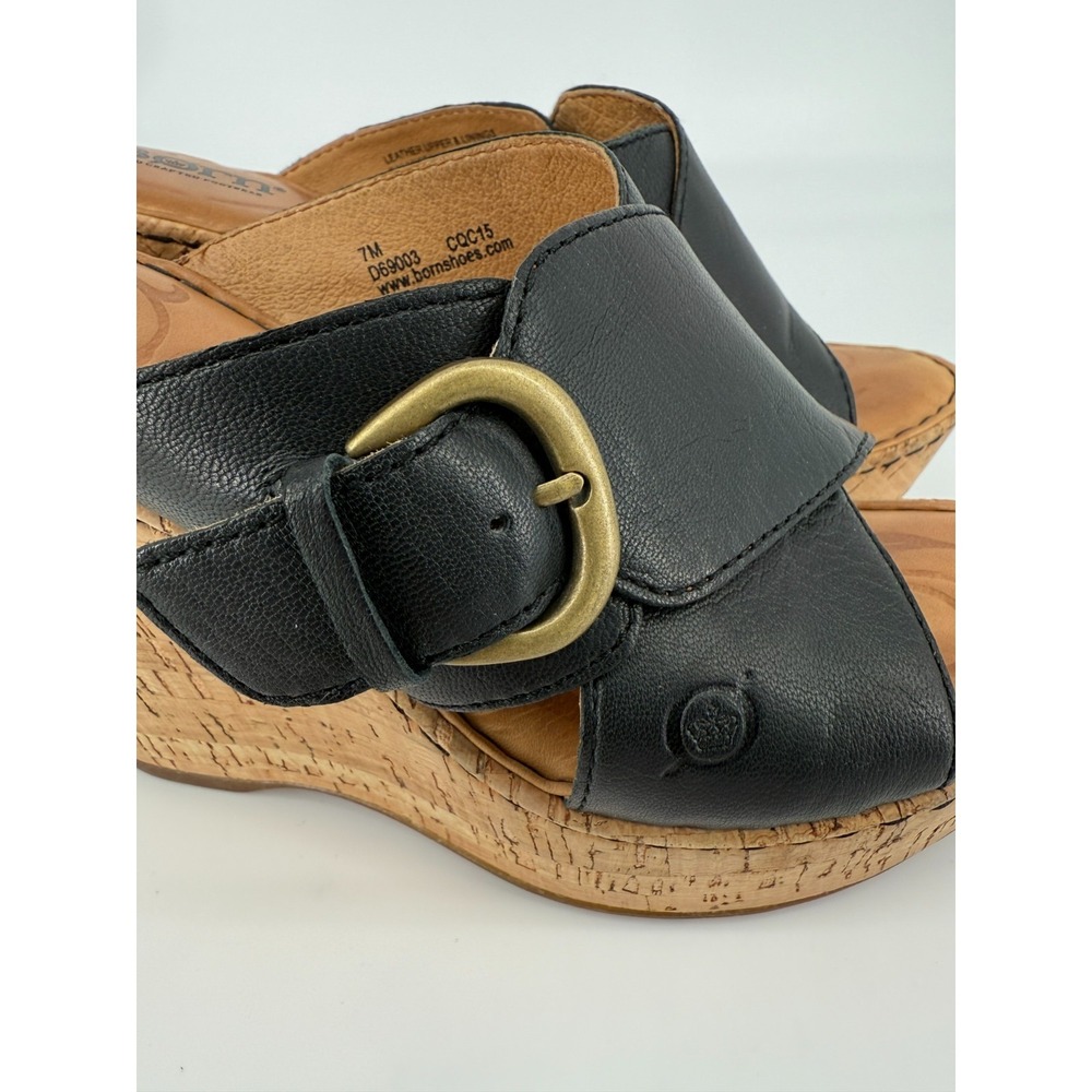 Børn Cork Wedge Leather Slip On Sandals Womens Size 7M Black Gold Buckle Accent - Picture 8 of 14